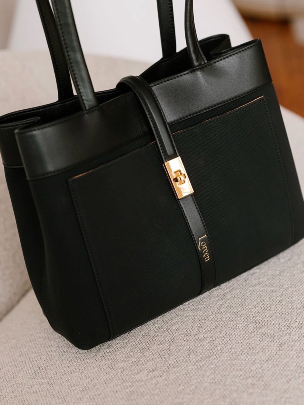 Brand New Black Leather Tote Bag with Gold Hardware